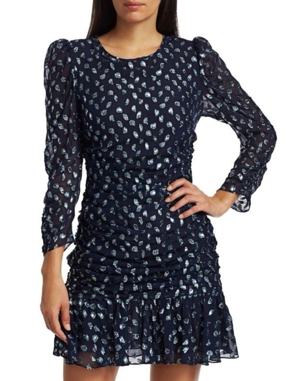 TANYA TAYLOR Silk Blue Metallic Polka Dot Raven Mini Ruffle Dress Size 10 Af23